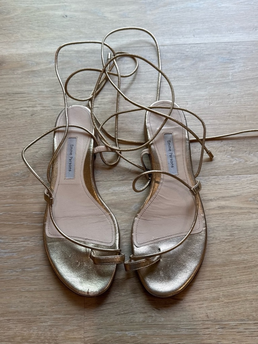 Emme Parsons Gold Metallic Sandal With Toe Strap and Ankle Wrap 37